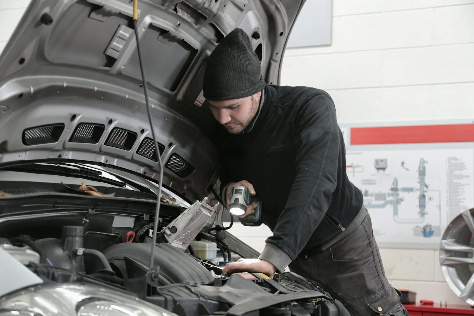 Close-up of a mechanic fixing an engine of a car
